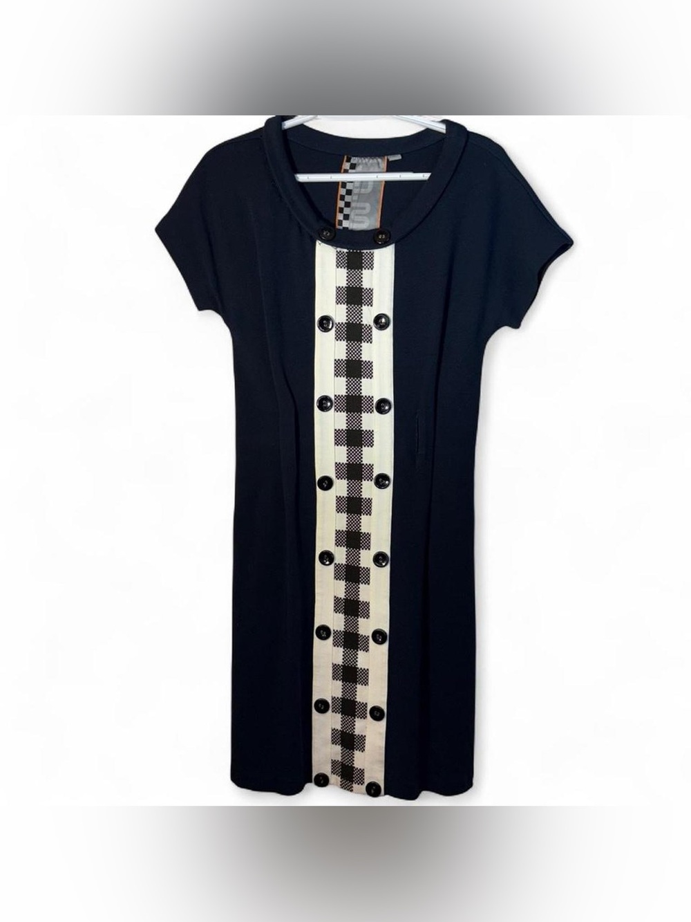 L.A.M.B. Black Midi Dress with Cream Check Center Panel